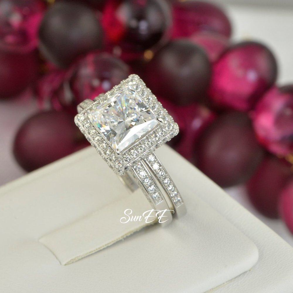 NEW 925 STERLING SILVER HALO PRINCESS DIAMOND CUT WEDDING RINGS ENGAGEMENT RING - Picture 7 of 7